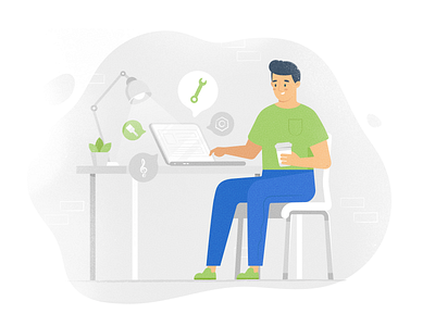 Seeker app character computer desk flat illustration man texture ui ux vector webdesign