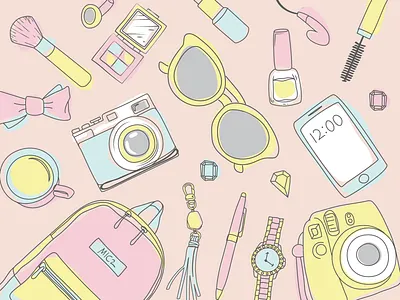Girly Essentials doodle girly graphic design illustration pink travel vector art