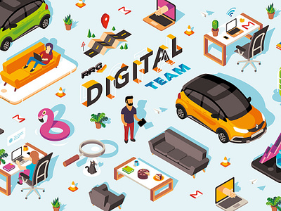 Digital Team car cat character digital flat illustration isometric laptop magnifier perspective vector