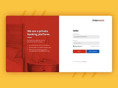 Pricerooms - Welcome/Sign In Page (desktop ver.) booking login room sign in ui ux website