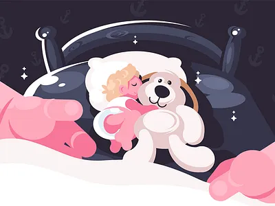 Baby sleeping in crib with toy baby character children crib flat hand illustration kit8 little sleeping toy vector