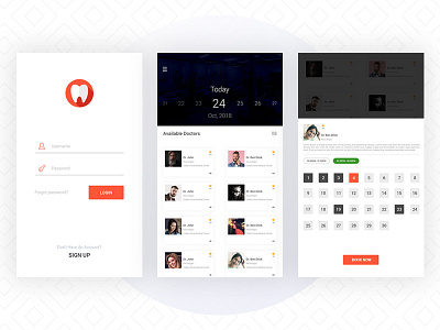 Dental App - Login - Home - Booking !! android app booking calendar cards design doctors home ios login minimal mobile seats sign in sign up ui uiux user interface ux white