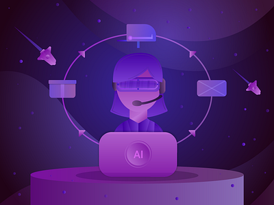 AI assistant🤖 ai ai assistant assistant bot chatbot flat flat illustration futuristic galaxy gradients help helper illustration rocket space uiux ux