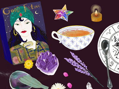 Tasseology beverage crystal digital art editorial art fortune teller hand lettering healing illustration mystical tea tea cup tea leaf reading