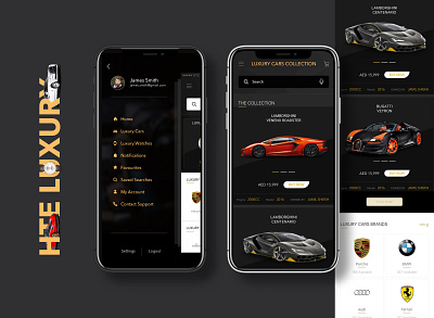 The luxury car & watch App Side Menu/Dashboard branding buy luxury car buy luxury watch classic clean design dubai luxury flat identity luxury car luxury watch minimal typography ui ux