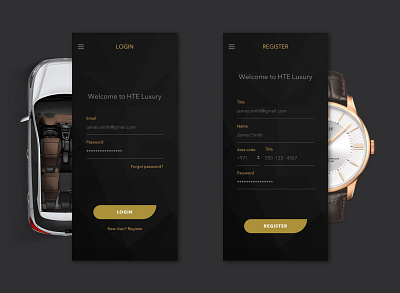 The luxury car & watch App Login/Register screens app branding buy classic clean design dubai luxury flat identity logo luxury car buy luxury watch buy minimal shop online type typography ui ux