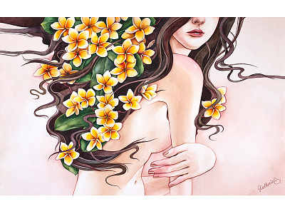 Diva in blossom aquarelle art artist diva fantasy flower frangipani girl goodness illustration katherine dae painting watercolor watercolorart watercolors акварель цветы