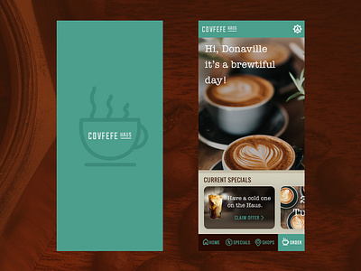 Covfefe Haus App - Loading & Home Screen app coffee covfefe daily ui mobile nav navigation navigation menu offers shop small business specials ui ui challenge