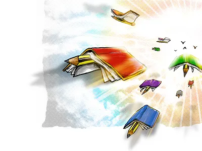 Let Creativity Fly! books cloud fly illustration pencil sky vector