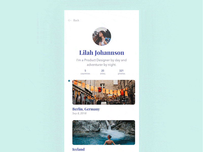 Travel App Profile animation card cards clean clean app design gif minimal minimalist mobile product design profile social timeline travel typography ui ux design