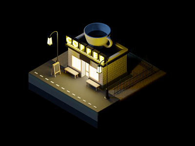 Coffeeshop at Night 3d blender building cafe cafeteria city coffee coffeeshop design illustration isometric lowpoly model moonlight night render