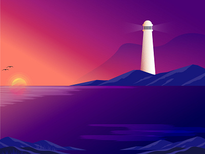 Sunrise (day 13/365) bird color illustration landscape lighthouse morning river sky sun sunrise vector