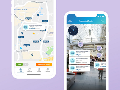 Mobile Map & Augmented Reality View augmented reality jobseeker location map mobile app native app native mobile navigation pins tab bar
