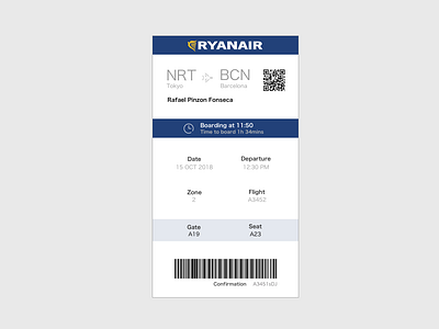 Boarding Pass barcelona boarding boardingpass branding checking concept daily 100 challenge daily ui design flight flight app icon interface design mobile mobile checking ryanair sketch time tokyo ui