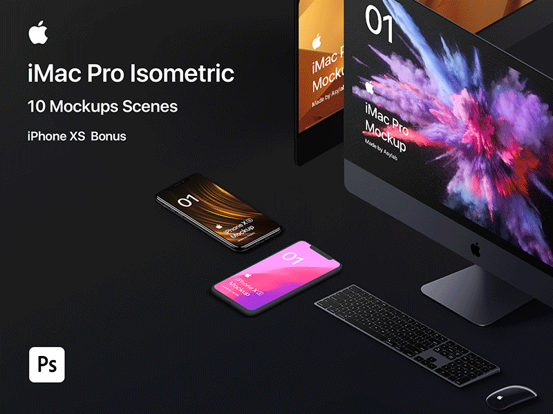 iMac Pro 2018 - 10 Scenes Mockup - PSD app apple clay graphic design imac imac isometric imac mockup imac pro iphone x iphone x mockup iphone xs isometric isometric mockup mockup psd ui uiux user interface xs