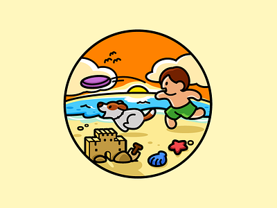 Boy Playing with a Dog beach ocean brand branding character mascot child children cute fun funny dog animal kid boy male logo identity play playing sunset sun throw frisbee