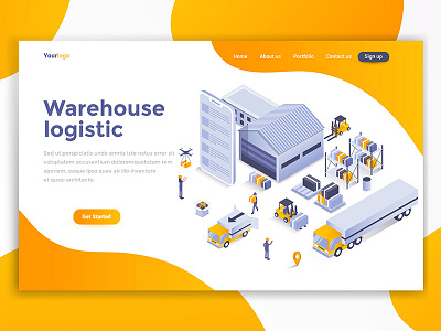 Warehouse logistic 3d business creative design development illustration isometric landing page people template ui woman