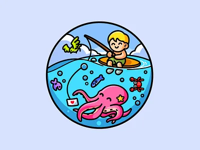 Surfer Boy & Octopus boy kid male brand branding child children cute fun funny fish fishing friendship happy illustration scene logo identity love letter octopus kraken sea ocean surf surfing