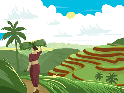 Discovering Kerala aswin coconut design drawing farm farming flat illustration india kerala malayalam menon mountains paddy palm tree rice south terrace woman worker