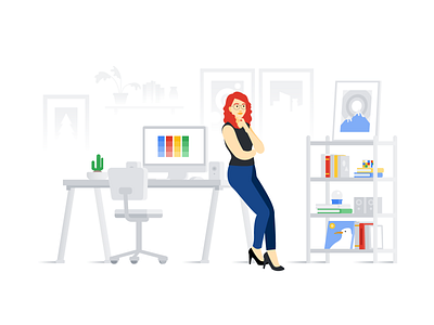 Boss artdirector books boss brainstorm computer design illustration office shelves studio woman