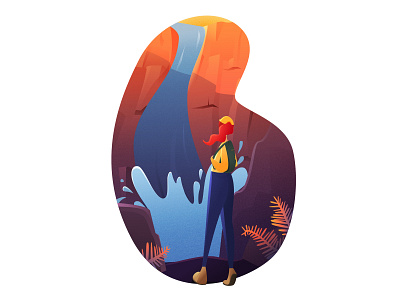 Hiker backpack cliff design flat flat design grain hike hiker hiking illustration illustrator nature plants splash sunrise sunset vector warm water waterfall