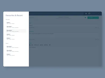 Favourites and Recent Pop Out Menu app blue cms dark design desktop dialogue enterprise favourites filter green menu minimal page product software ui ux web website