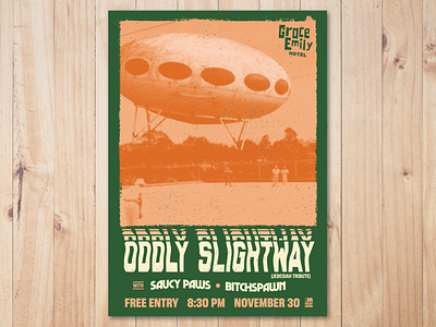 Gig Poster - Oddly Slightway adelaide australia band edmonton gig gig poster green jebediah logo type orange perth photo polaroid poster poster design rock band screenprint show the grace emily ufo