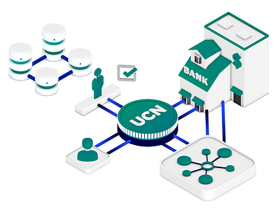 Illustration - System Architecture bank database etherium flowchart illustration isometric network teal tick union user verifier verify verifyunion