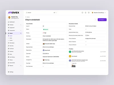 Movex SaaS - Issue Details details filllodesign fleet input issue landing page management problem solving product design resolution saas solution status timeline uiux design