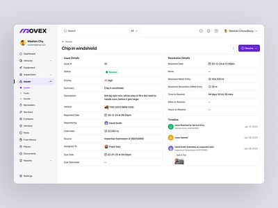 Movex SaaS - Issue Details details filllodesign fleet input issue landing page management problem solving product design resolution saas solution status timeline uiux design