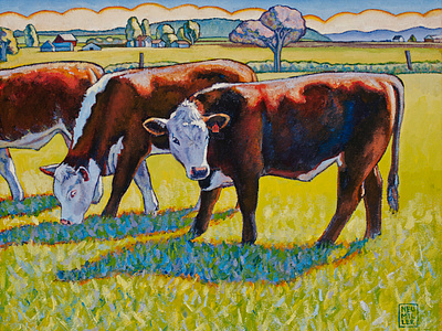 Prairie Lunch, 10" x 8", oil on canvas cow farm illustration landscape painting