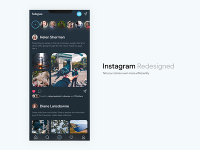 Instagram Redesigned (Dark) app design app designer clean app dark theme dark ui design gradient instagram iphonex photography redesign user experience