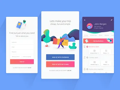 Travel App app application avatar colors design drawing form illustration login mobile native organize plan profile sign up timeline travel ui