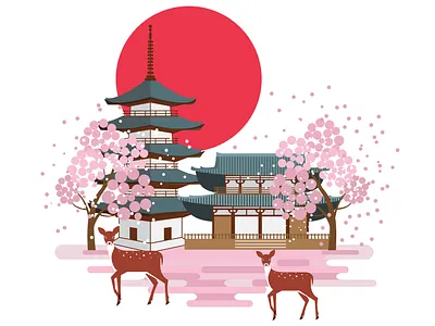 04 Nara Park. Japan travel set asia cherry blossom deers explore flat design illistration japan nara outdoors spring tourism travel vector art
