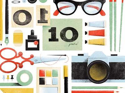 Tool of the Trade for Ten years brushes camera flatlay illustration paint pencil publication scissors sewing supplies tools