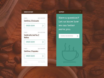 Covfefe App - Order History & Support app coffee covfefe cta daily ui drink earthy help history list menu mobile question restaurant support ui challenge