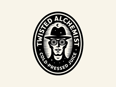 Twisted Alchemist badge beverage brand character eye figure glasses identity illustration juice logo moon portrait star swirl twist