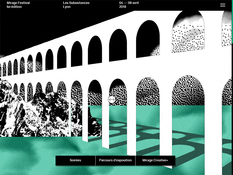 Mirage Festival 2018 Homepage 3d animation creative coding dither dithering glsl interactive javascript motion scene shader shaders slider slideshow three.js threejs webgl