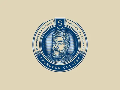 Spurgeon College badge engraving etching icon illustration peter voth design portrait vector