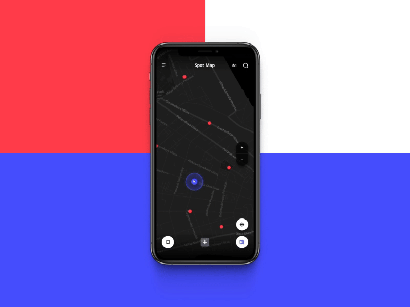 HotSpots Skate Mobile App. Find Spot dark ui ios iphonex map minimalism mobile route skate skateboard ui ux way