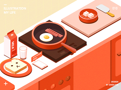 My life-breakfast 2.5d a snack bread breakfast cook fried eggs illustration isometric kitchen kitchen utensils knife milk pot