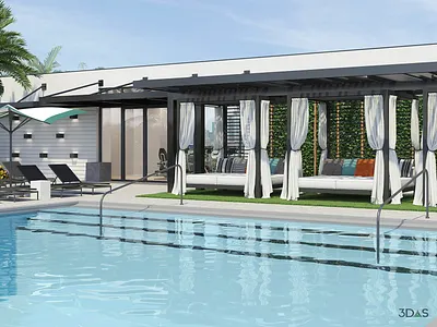 Miami Pool Area 3d Rendering 3d architecture cabanas pool rendering resort