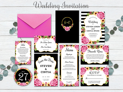Wedding invitation set "rose pink modern" arrangement background card decoration design elegant floral flower frame greeting hand drawn illustration invitation invite modern invitation rose pink rsvp template watercolor wedding