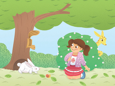 Girl playing with animals educational nature cartoon illustration art