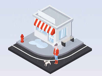 Rainy Day dog girl illustration isometric isometric illustration puddle rain raincoat road shop walk