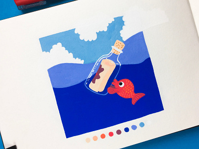 Inktober 2018 - Day 18 - Bottle bottle clouds cute fish inktober inktober2018 messageinabottle molotow posca sea sky treasuremap waves