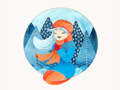 Winter Girl 4 blue cold cute forest girl gouache illustration lady metallic paint orange pine tree silver warm watercolor winter