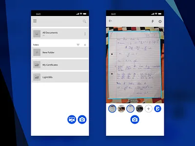 Multiple Document Scan App- Easy UI Design app application blue camera design document scan easy edit exploration grey hd light lite scan signature ui use userfriendly ux white