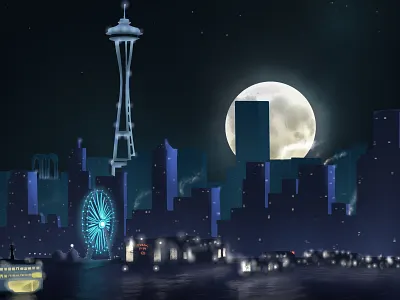 Sleepy City digitalart fullmoon illustration night procreate seattle skyline
