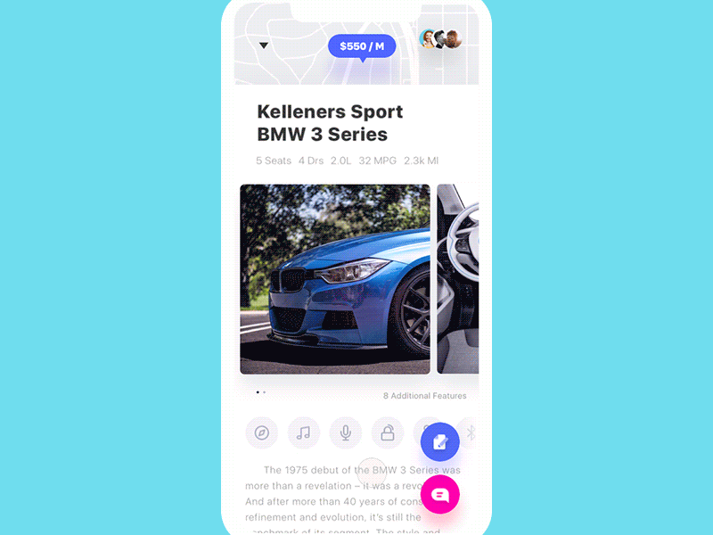 Get Wheels. Lease & Chat application carrental dashboard dashboard ui dislike filters interaction interaction logic iphone 10 lease like list map mappins principle process steps swipe swipes ux